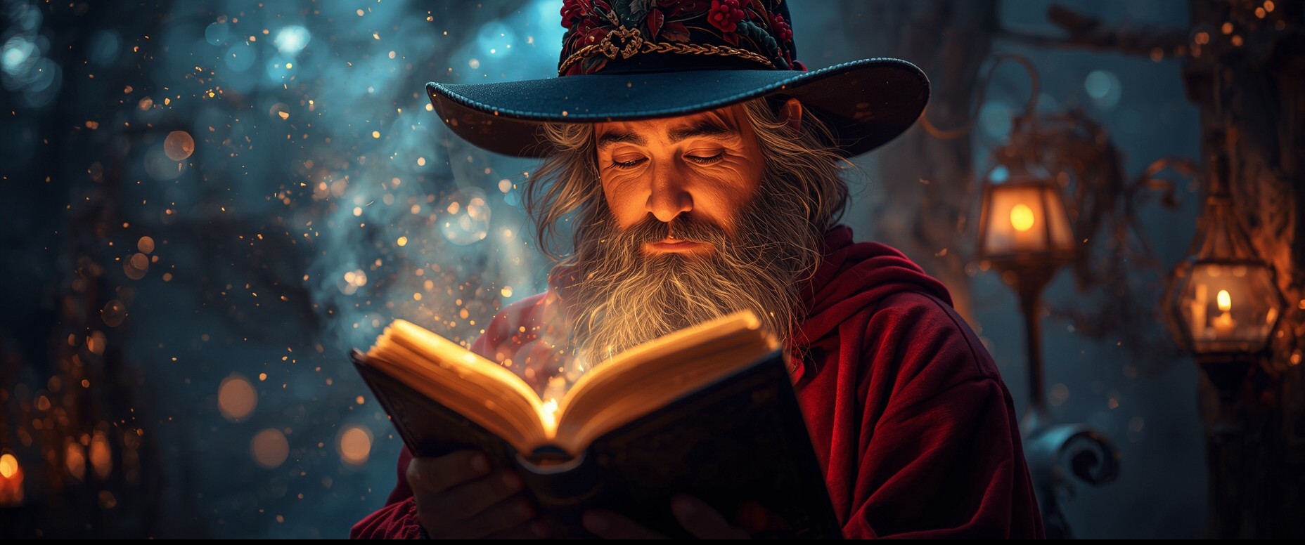 Alter Magier mit leuchtendem Zauberbuch voller Märchen, Geschichten und Fabeln zum Lesen und Vorlesen.