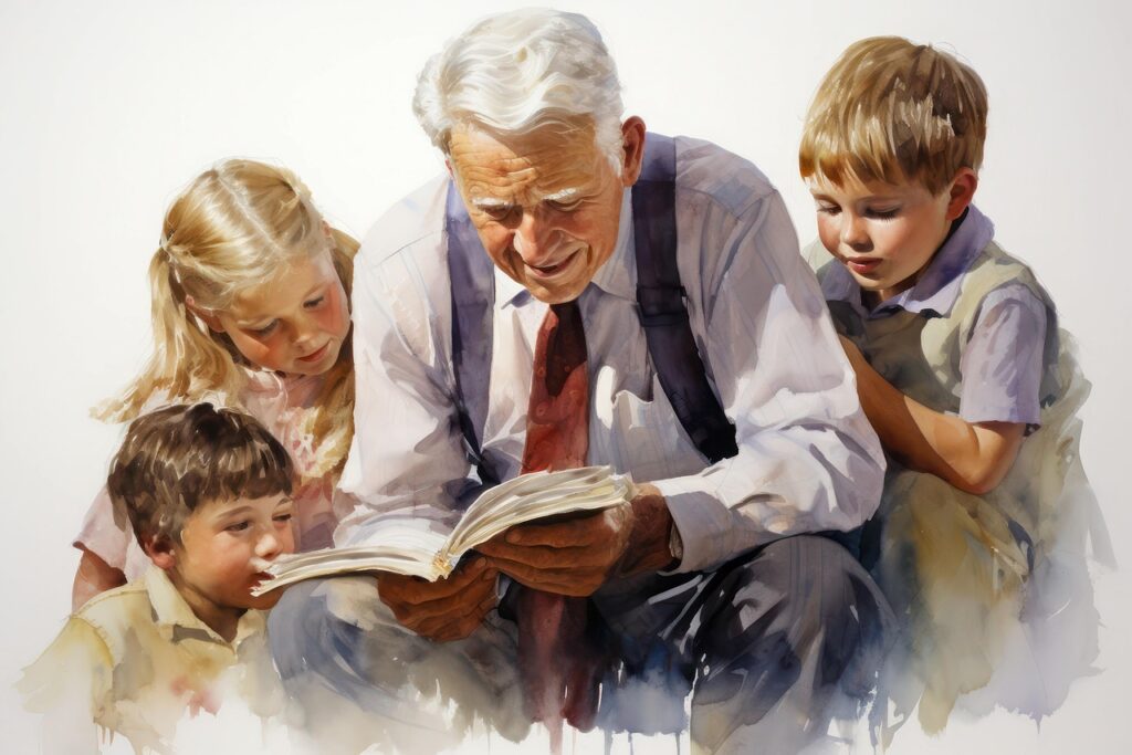 Ein Großvater liest drei Kindern aus einem Märchenbuch vor.